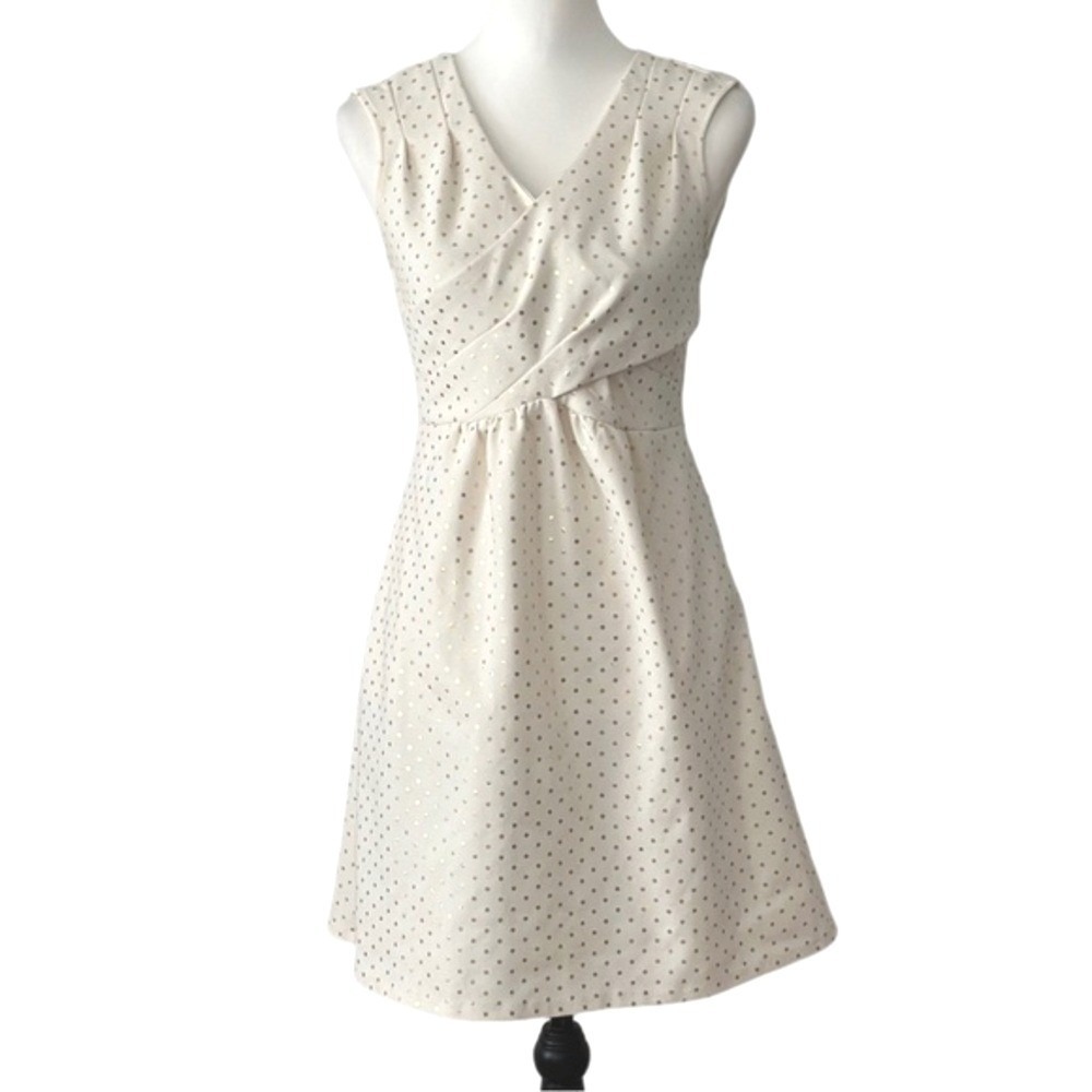 Maison Jules Polka Dot Fit Flare Party Dress Cream Gold Womens Size 8